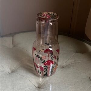 Mushroom and Botanical Hand Painted Glass Carafe Set Cottagecore Boho Retro